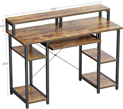 BANTI 47 Inch Computer Desk with Storage Shelves Monitor Stand Keyboard Tray, Home Office Desk, Study Writing Table, Rustic Brown