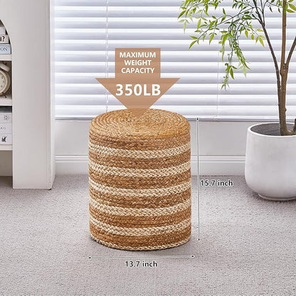 Wimarsbon Ottoman Natural Seagrass Foot Rest Stool Hand Weave Round Foot Stool Pouf Boho Vanity Stools with Non-Skid Mat for Living Room Bedroom Hallway