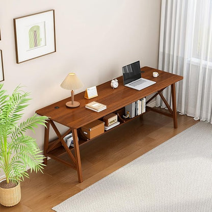 NELYE Extra Long Writing Desk with Bookshelf, 71" Wx24 Dx30 H, Walnut | Wooden Home Office Work Study Table, Computer Gaming Workstation with Storage Shelf, Sturdy MDF Resists Wobble