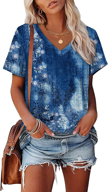 Alaroo Womens Summer Tops 2026 V Neck Short Sleeve Shirts Trendy Dressy Casual Vacation Outfits Printed