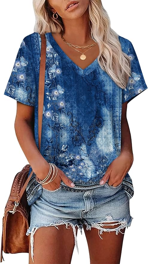 Alaroo Womens Summer Tops 2026 V Neck Short Sleeve Shirts Trendy Dressy Casual Vacation Outfits Printed