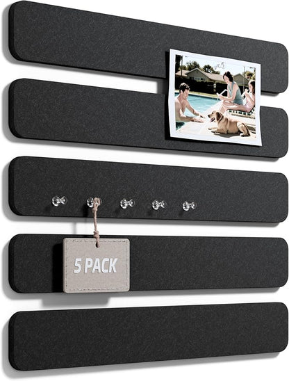 Fluxynara 13" x 2" Felt Wall Panels, Black | 5-Pack Cork Board Alternative with 35 Push Pins, Adhesive Mounting for Bedroom Door or Home Office