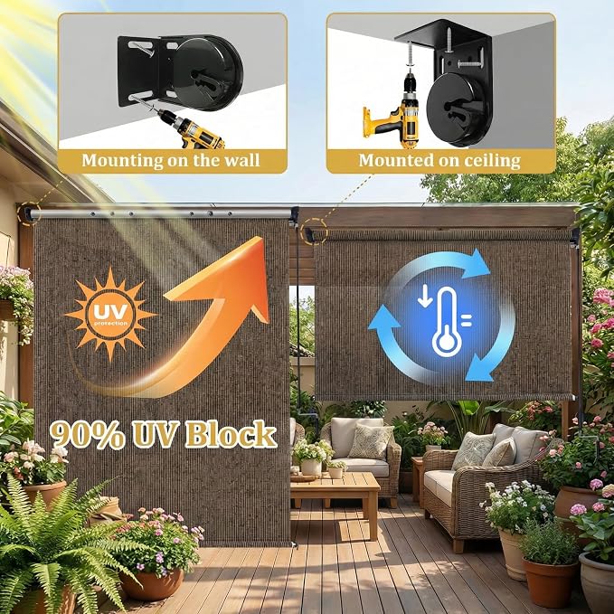 KANAGAWA Outdoor Roller Shade 8' W X 8' H, 220GSM HDPE Breathable Sun Shades Outdoor Patio, Crank Roll Up Window Shades for Porch Pergola Balcony, Mocha
