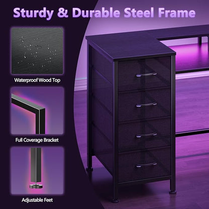 Korfile 47 Inch Gaming Desk with Power Outlets and LED Lights, Reversible Computer Desk with 5 Fabric Storage Drawers, Home Office Desk with Monitor Stand for Working Writing Study, Black | Gaming desk with power outlets &LED lights,reversible design w...