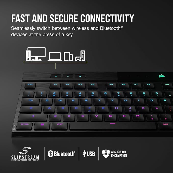 Corsair K100 AIR Wireless RGB Mechanical Gaming Keyboard - Ultra-Thin, Sub-1ms Slipstream, Low-Latency Bluetooth, Cherry MX Ultra Low Profile Keyswitches - NA Layout, QWERTY - Black