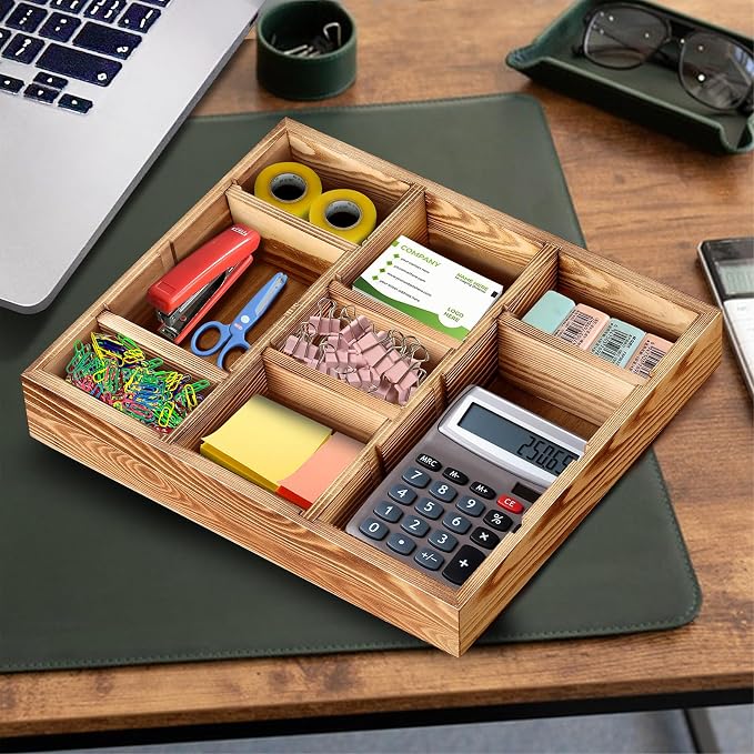 Wooden Desk Drawer Organizer | 9-Slot Desktop Tray | Adjustable Drawer Storage Box for Pens, Keys, Watch, Sticky Notes | Farmhouse Home&Office Decor