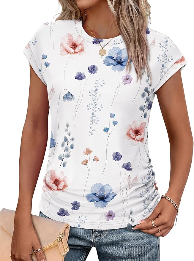 Sampeel Womens Summer Tops Trendy 2026 Ruched Cap Short Sleeve Tshirts Shirts Crew Neck T Shirts Fashion