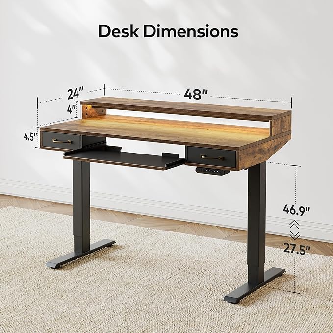 FEZIBO 48 x 24 Inch Height Adjustable Electric Standing Desk with Double Drawers&Keyboard Tray, Stand Up Desk with LED Strips, Sit Stand Desk with Monitor Stand, Rustic Brown