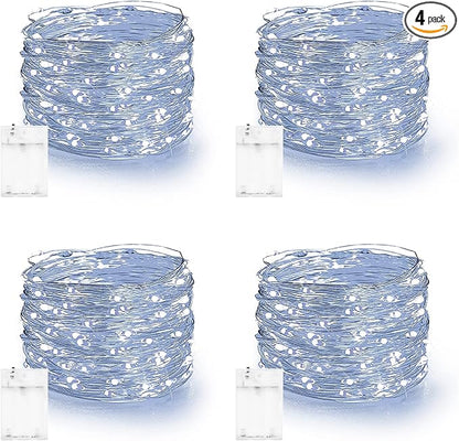 Dazzle Bright Fairy Lights Battery Operated, 4 Pack Total 80FT 240LED Silver Wire Waterproof Battery Operated String Lights, Christmas Decorations for Indoor Outdoor Bedroom Yard Decor, White