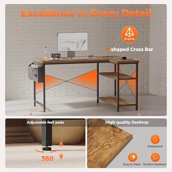 Mericonia 55 inch L Shaped Gaming Desk, Large Corner Desk with Shelves | Reversible Computer Desk with Power Outlets & Storage Bag, Office Table for Home Bedroom Study Work Writing