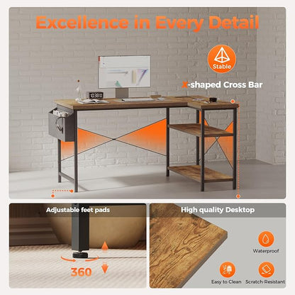 Mericonia 55 inch L Shaped Gaming Desk, Large Corner Desk with Shelves | Reversible Computer Desk with Power Outlets & Storage Bag, Office Table for Home Bedroom Study Work Writing