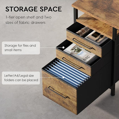 Maihail Small Desk with Drawers, Office Desk with Storage Shelves, Brown2 | 47 Inch Desktop, Metal Frame, 3 Fabric Drawers, Storage Shelves, Computer & Writing Desk, Office Gaming Workstation