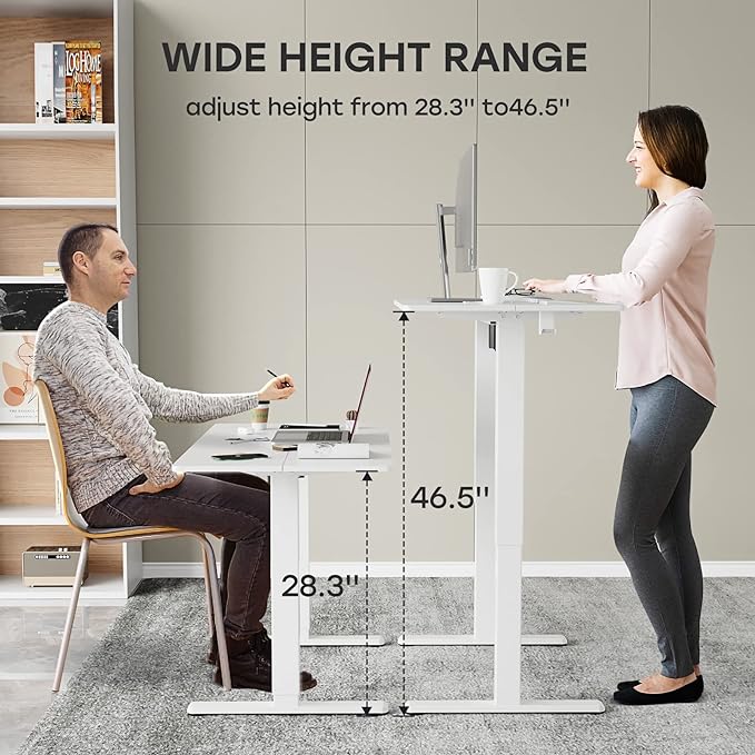 White Standing Desk, 48 X 24 Inch Adjustable Height Electric Desk, Sit Stand Desk with Splice Board and 2 Hooks, Ergonomic Rising Desk for Home Office