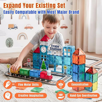 SKTMYY Train Toy Magnetic Tiles for Kids Ages 4-8 with Train Station Tracks | Magnet Building Blocks with Cars Signal Preschool Classroom STEM Montessori Toys Birthday Gifts for Boys Girls Toddler 3-5
