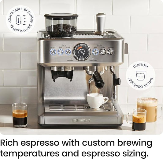 Chefman Crema Supreme 15 Bar Espresso Machine with Milk Frother, Barista Steam Wand, Professional Coffee Maker with Coffee Grinder, 30 Grind Settings, 3L Removable Water Tank - Stainless Steel
