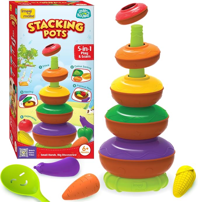 Imagimake Stacking Pots Toys | Leaps & Bounds 6+ Month Old Baby Toy | Learning Toy for Infant & Toddler | 5-in-1 Play & Learn | Stacking, Nesting, Pretend Play | First Birthday Gifts for Girls & Boys