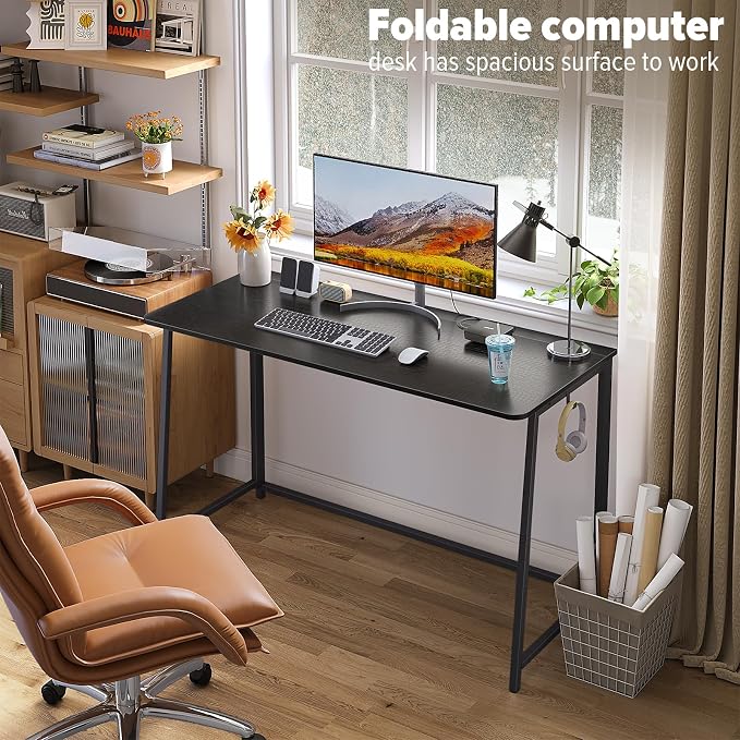 WOHOMO Folding Desk, 47.2" Foldable Computer Table for Small Spaces, Black | Easy Assembly and Fold, Sturdy Home office desks for Study Bedroom Dorm Space Saving Writing Work Apartment