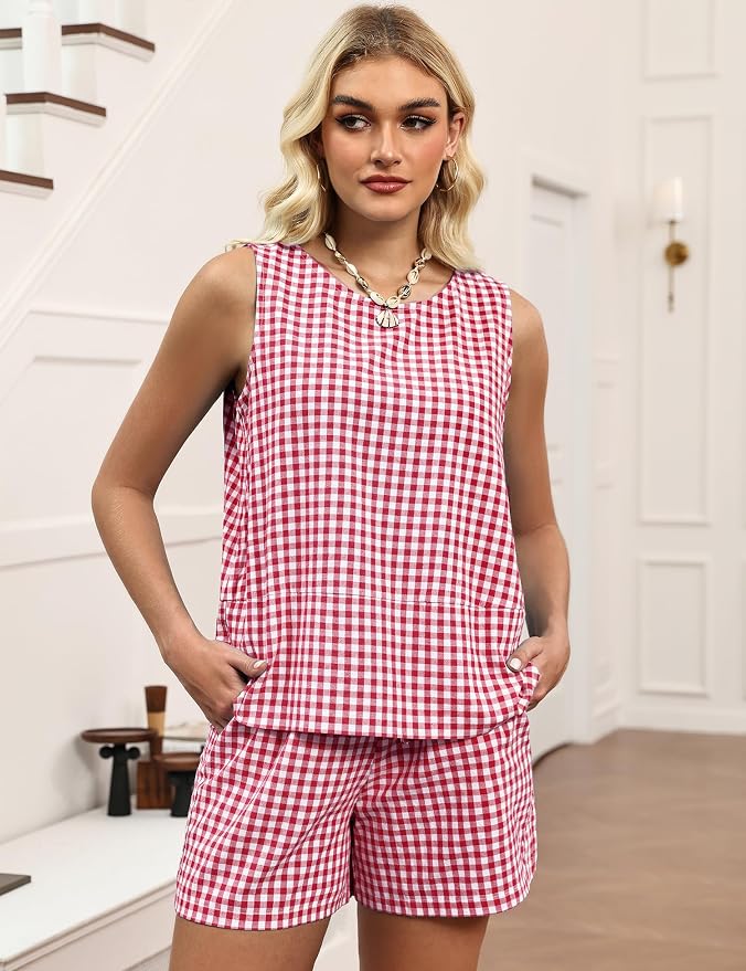 LOMON Women's Trendy 2 Piece Outfits Shorts Sets Summer Crew Neck Sleeveless Tank Top and Bottom Matching with Pockets 2026