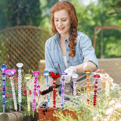247 PCS Beaded Garden Stakes Kit, DIY Fairy Wand Garden Stake Beads Kits with Assortment Large Hole Beads 10 Crystal Stopper Top Threaded Rods and 10 Silver Pendants for Outdoor Indoor Decor