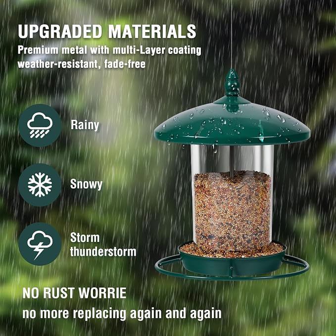 Metal Bird Feeder for Outdoors Hanging,3.0LB Seed Feeder,Easy to Fill & Clean,360° Feeding,Chew Proof Weatherproof Roof for Gardens and Wild Birds,Green