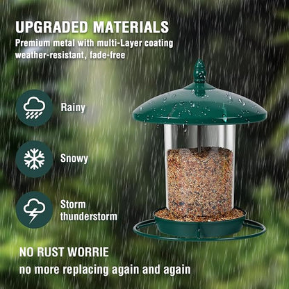 Metal Bird Feeder for Outdoors Hanging,3.0LB Seed Feeder,Easy to Fill & Clean,360° Feeding,Chew Proof Weatherproof Roof for Gardens and Wild Birds,Green