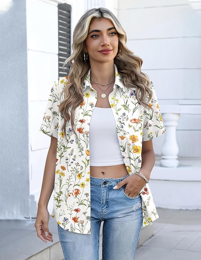 Zeagoo Button Down Shirts for Women Short Sleeve Collared Tops Dressy Casual V Neck Blouses