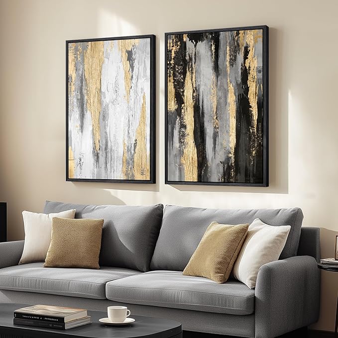 Large Framed Black and White Abstract Wall Art for Living Room, Set of 2 Piece Minimalist Canvas Prints Paintings Artwork for Walls, Modern Black Gold Pictures for Hallway Office Wall Decor Big Size 24x36 In
