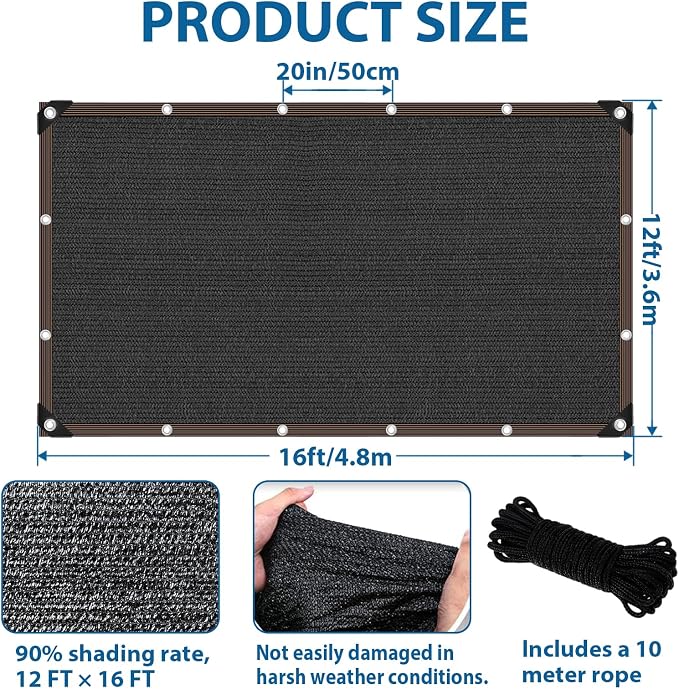 Garden 90% Shade Cloth, 12 x 16 FT Shade Mesh Tarp with Reinforced Grommets, Black Outdoor Sunblock Shade Cloth Cover for Plants, Greenhouse, Patio, Chicken Coop, Sun Shade Net