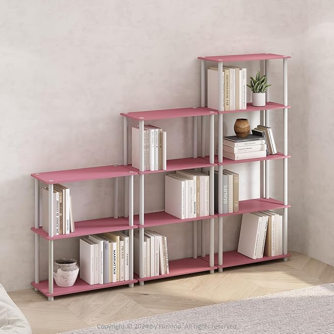 Furinno Turn-N-Tube 4-Tier Multipurpose Shelf Display Rack, Shelving Unit, Bookcase, Pink/White