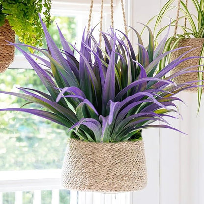 16Pcs Artificial Grass Fake Plants 17.3in Outdoor Plants UV Resistant Faux Greenery Stems Fake Grass for Home Window Garden Office Patio Pathway Front Porch Halloween Décor Green & Purple