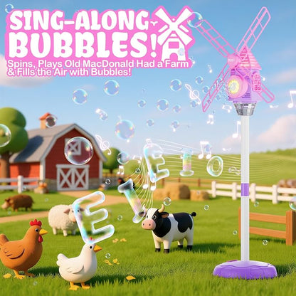 Windmill Bubble Machine for Kids, 51" Adjustable Height Standing Bubble Maker with Lights & Music, 10-Hole Battery Operated Bubble Blower with 130ml Tank, Outdoor Backyard Party Toys for Toddlers