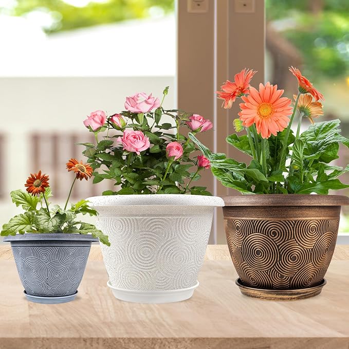 10 Inch Flower Pots Planters for Indoor Outdoor Plants, 3 Pack Plastic Large Plant Pots with Drainage Hole & Tray, Modern Decorative Garden Pot with Saucer, Plant Container for House