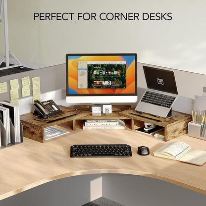 AMERIERGO Dual Monitor Stand Riser- 3 Shelf Screen Stand with Adjustable Length and Angle, 2 Extra Functional Slot Desktop Organizer Stand for PC, Computer, Laptop (Rustic Brown)