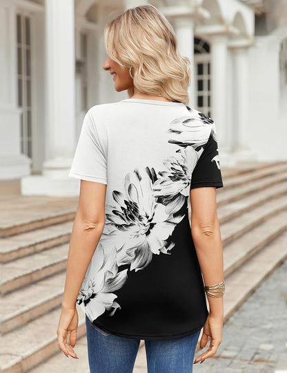 Zeagoo Womens Short Sleeve Tops Summer Henley V-Neck Tshirts Casual Pleated Blouse Dressy Loose Floral Basic Tee