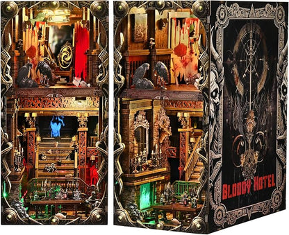 Creepy Book Nook Kit, DIY Miniature Dollhouse Halloween 3D Puzzle,Horror Scary 3D Wooden Puzzle Bookend Bookshelf Insert Decor with LED Light,Bloody Hotel