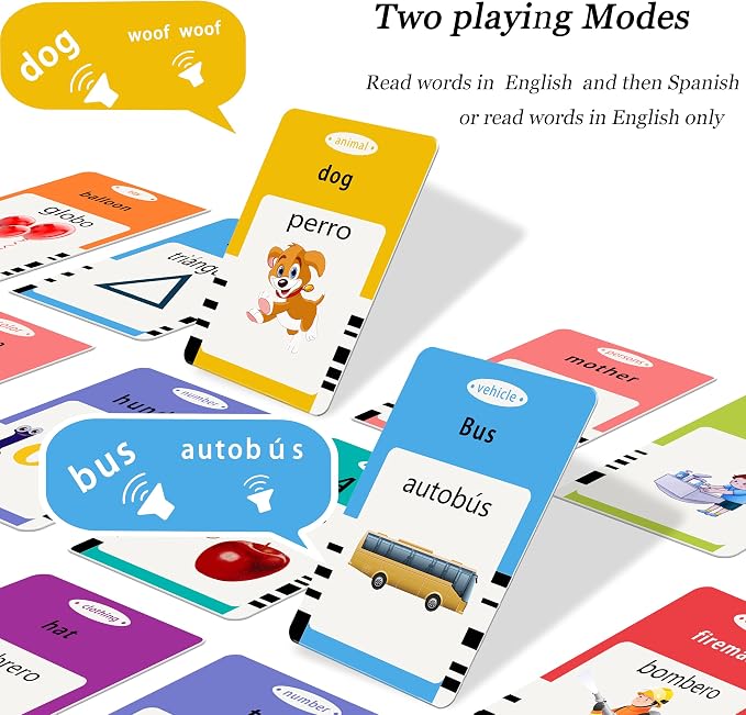 Startcan Spanish & English Talking Flash Cards for Girls 3-6, Audible Toys with Music to Learn Numbers 0-100, Letters, Phrases and More Spanish and English Vocabulary - 278 Cards and 556 Words(Pink)