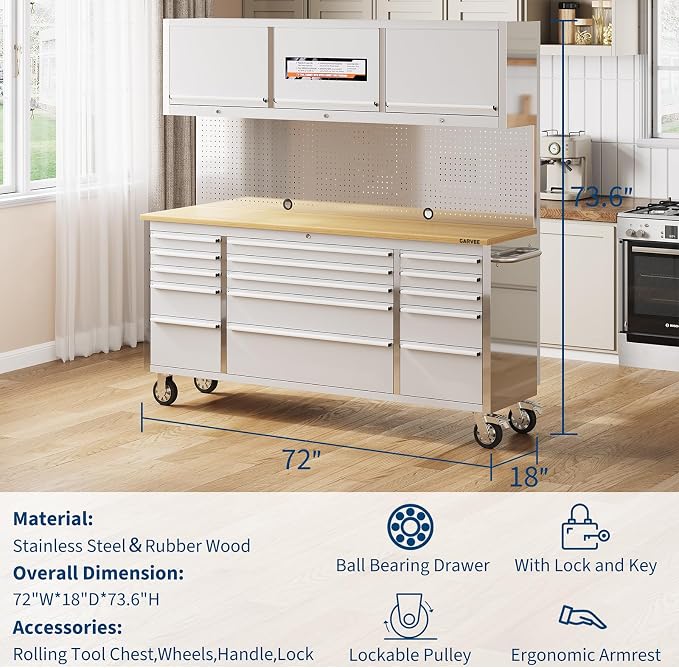 Garvee 72-Inch Heavy-Duty Rolling Tool Chest & Mobile Workbench with 9 Drawers & 3 Top Cabinet, Rubber Wood Tabletop, Key Locking System, Drawer Liners & Wheels, Steel Storage Cabinet for Garage