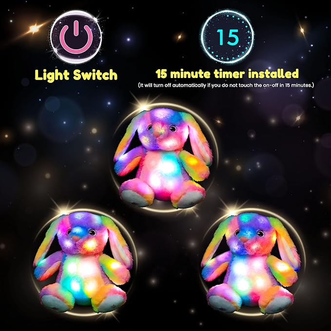 Hopearl LED Plush Bunny Colorful Lighting Up Stuffed Animal Rabbit Floppy Night Lights Glow in The Dark Birthday Festival for Kids Toddler Girls, Rainbow, 10''