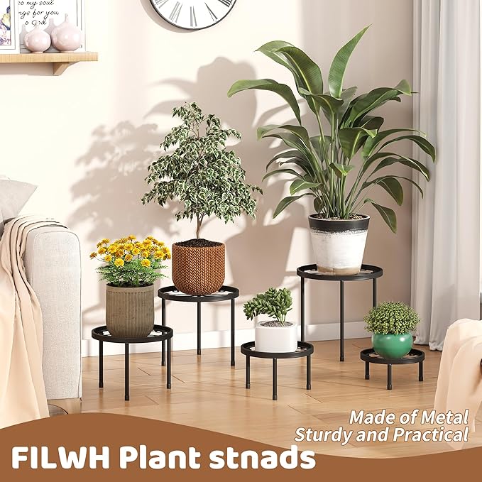 Plant Stand Indoor Outdoor 5 Pack Heavy Duty Metal Stand Multiple Plants, Anti-Rust Iron Flower Pot Stand Decoration Racks Plant Pot Shelf for Living Room Garden Balcony (Black)