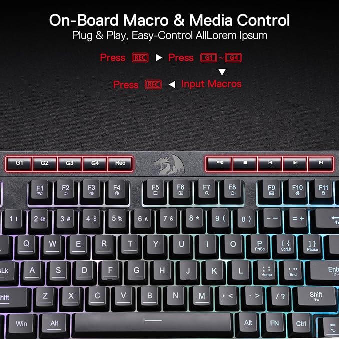 Redragon K515 Shiva Wired RGB Membrane Gaming Keyboard, 98 Keys Mechanical-Feel Keyboard w/Smooth Linear Switch, On-Board Macro & Dedicated Multimedia Keys, Detachable Wrist Rest, Software Supported