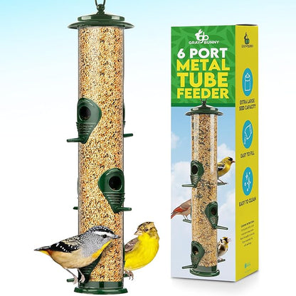 Bird Feeders for Outdoors (Green) Squirrel Proof Hanging Bird Feeder with Locking Lid & Adjustable Hanger, Chew-Proof, Weather Resistant 15 Inches 6 Port