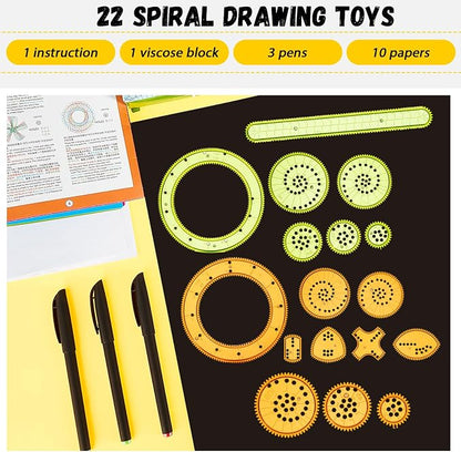 Chivao Spiral Art Kit Circle Stencils Drawing Tool Gear Geometric Ruler Circle Template Drawing Kit Plastic Spiral Curve Stencils with Pens Paper for Back to School Gifts DIY Crafts Sketch(Vivid)