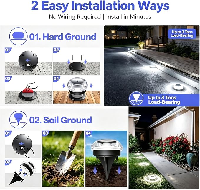 Solar Driveway Lights 12 Pack, Solar Deck Lights Outdoor IP67 Waterproof, 6000K Cool White Solar Ground Lights Landscape Path Lighting for Step Sidewalk Stair Garden Ground Pathway Yard