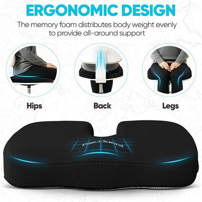 FORTEM Seat Cushion, Office Chair Cushion, Memory Foam Car Seat Cushions, Sciatica Coccyx Tailbone Pain Relief, Chair Cushions for Back Support, Sitting Pad for Gaming, Washable Cover, Non Slip, XL