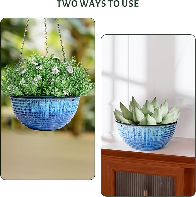 10inch Hanging Planters for Indoor and Outdoor Plants, 2 Pack Hanging Planter with Drainage Hole, Round Hanging Flower Pots for Garden Home Decor (Blue Glaze)