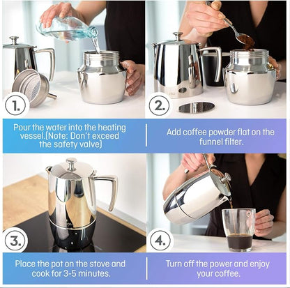 VeoHome Stovetop Espresso Coffee Maker - 10 Cups 500ml Multi-Stove Stainless Steel Induction Moka Pot - Unbreakable and Dishwasher-Safe Italian Style Caffe Machine