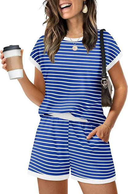 WIHOLL Two Piece Sets for Women Summer Lounge Short Sets Cap Sleeve Crew Neck Sweatsuit with Pocket XS-2XL