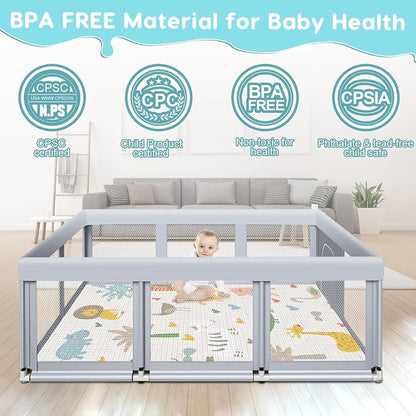 Fshibila 74" ×50" Large Baby Playpen, Baby Playard for Babies and Toddlers, Play Pens for Indoor & Outdoor, Sturdy Safety Play Yard with Soft Breathable Mesh, Anti-Fall, Grey (with MAT)