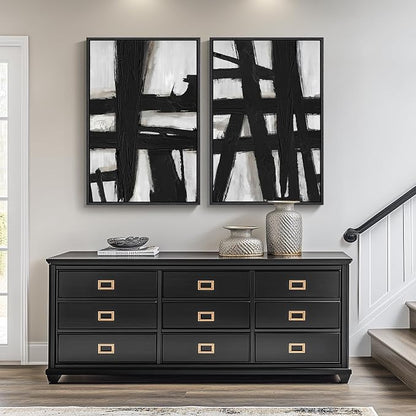 Large Framed Black and White Abstract Wall Art for Living Room, 2 Piece Modern Canvas Prints Wall Paintings Artwork for Walls, Minimalist Black Lines Pictures for Hallway Office Wall Decor 24x36 In