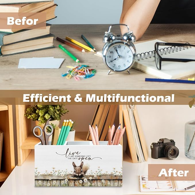 DILSJ Squirrel Inspirational Pen Pencil Holder Organizer For Desk, Squirrel Gifts, Rustic Floral Live Like Someone Left The Gate Open Wooden Box Signs For Home Office Desk Tabletop Decoration